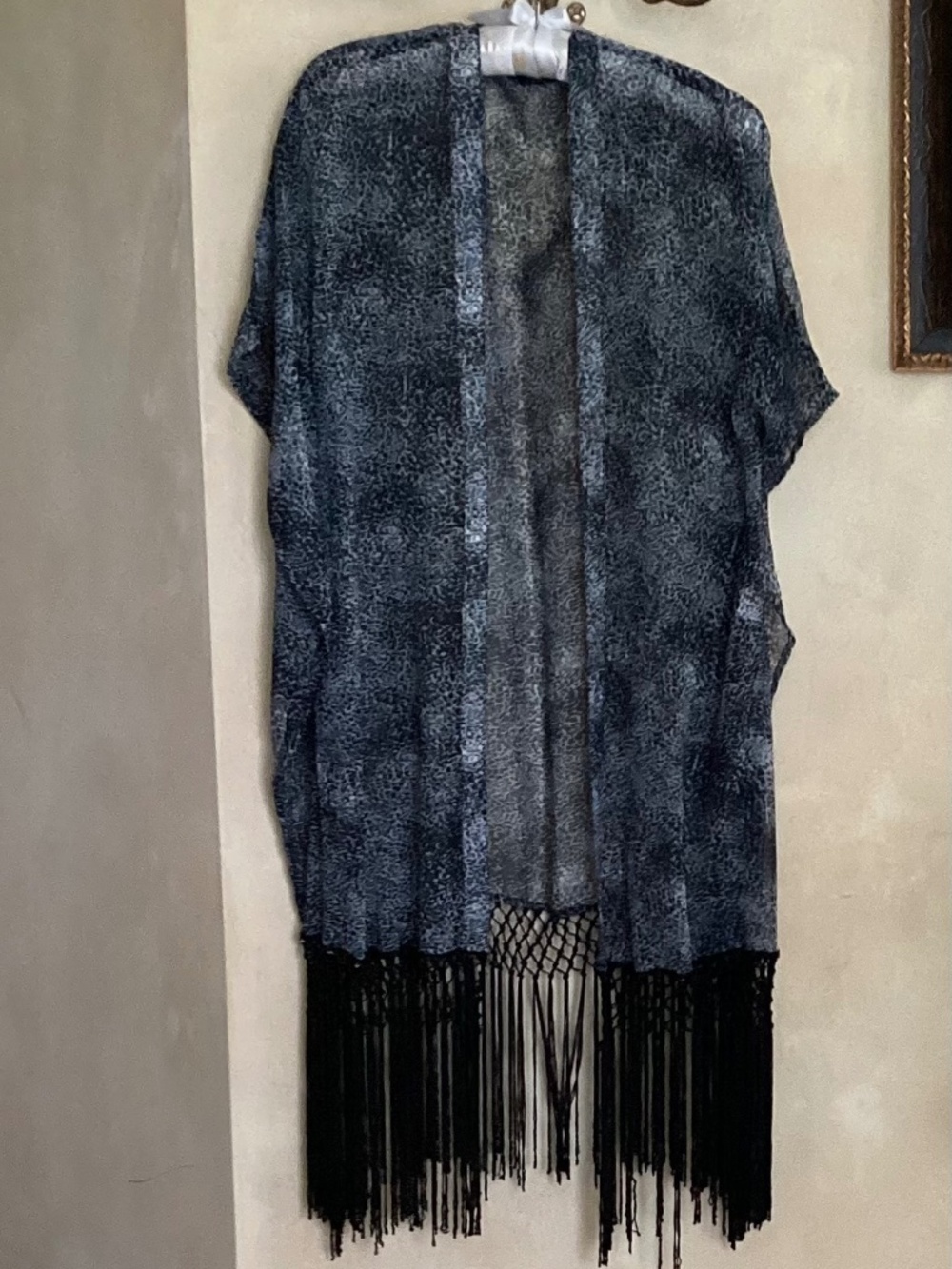 CLUB Z COLLECTION - BLACK/GREY OPEN KAFTAN SHEER COVERUP WITH FRINGE SIZE S/M